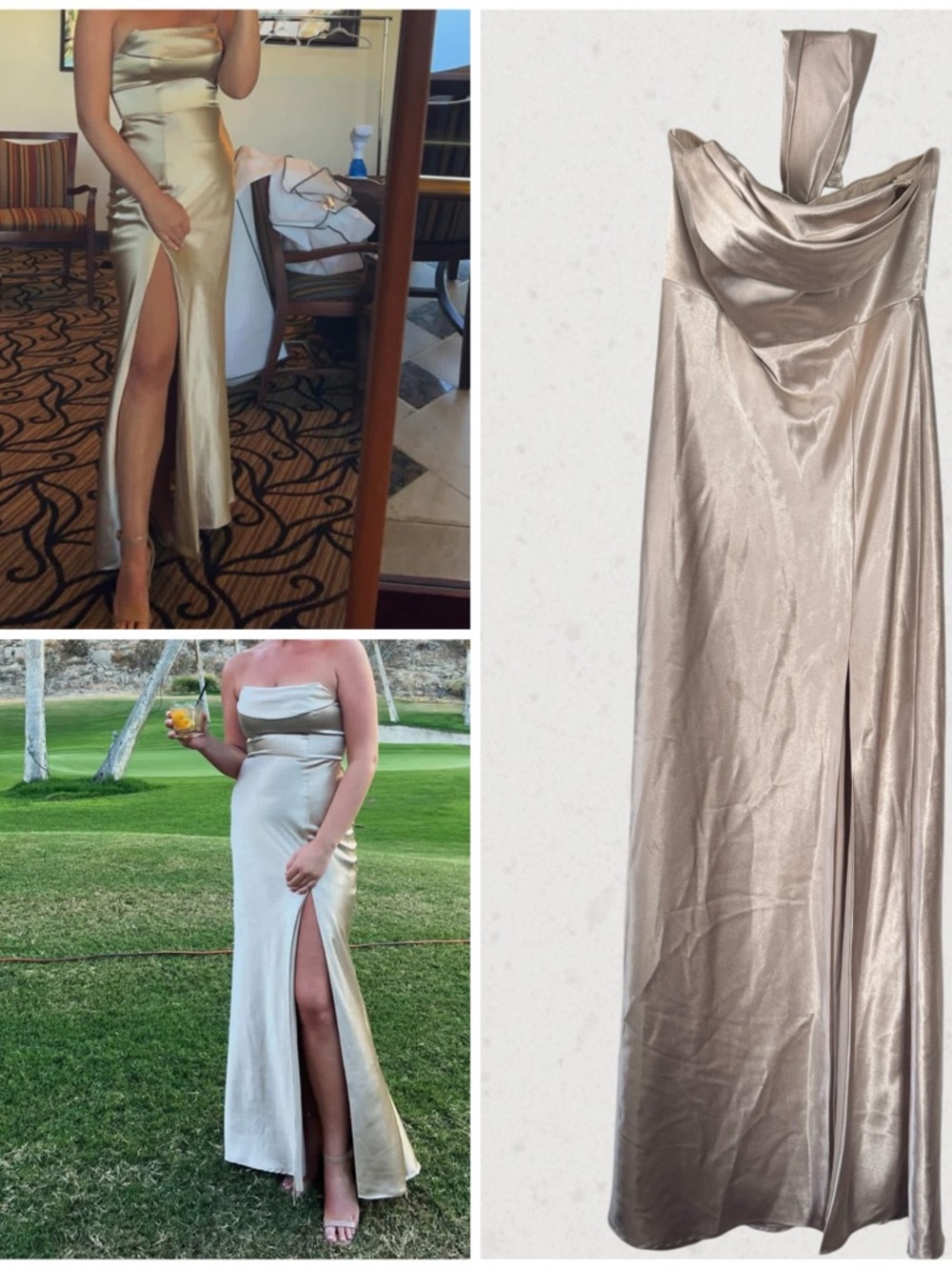 Birdy Grey Neutral Champagne Satin Bridesmaid Dress w/Slit, Size Small